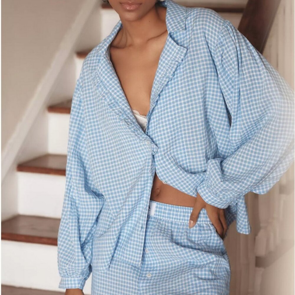 Anthropologie Gingham Buttondown Pajama Shirt Lounge Top VERY OVERSIZED FIT
